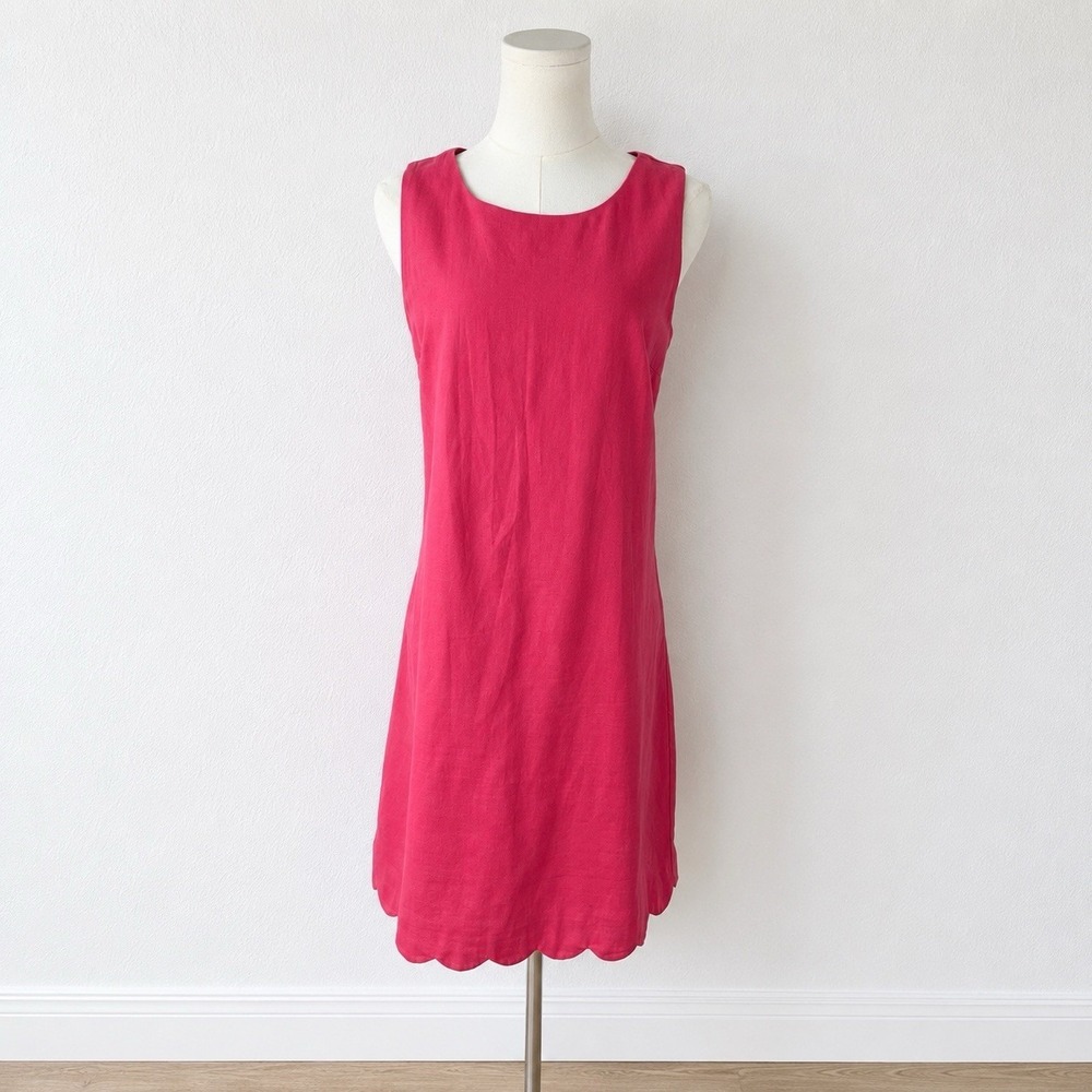J. Crew Linen Cotton Scallop Hem Coral Pink Shift Dress Size 8 Quiet Luxury